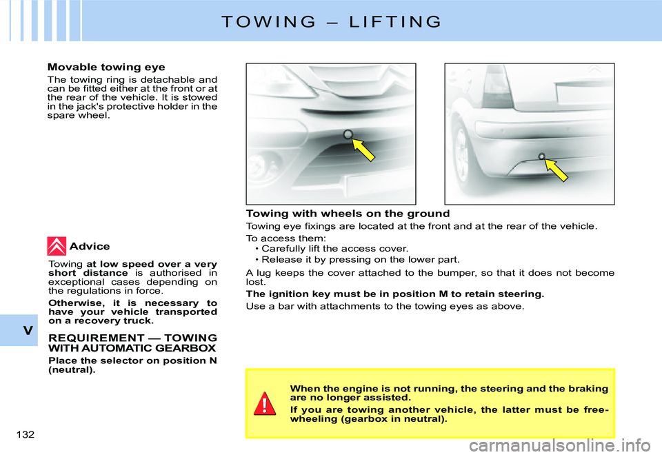 CITROEN C3 2007  Owners Manual T O W I N G   –   L I F T I N G
Towing with wheels on the ground
�T�o�w�i�n�g� �e�y�e� �ﬁ� �x�i�n�g�s� �a�r�e� �l�o�c�a�t�e�d� �a�t� �t�h�e� �f�r�o�n�t� �a�n�d� �a�t� �t�h�e� �r�e�a�r� �o�f� �t�h�