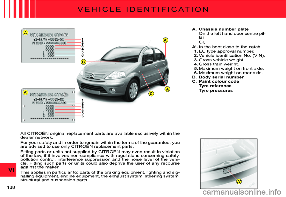 CITROEN C3 2007  Owners Manual A
A’
A’
AC
B
A’
456
VI
�1�3�8� 
�V �E �H �I �C �L �E �  �I �D �E �N �T �I �F �I �C �A �T �I �O �N
A.  Chassis number plateOn the left hand door centre pil-lar
Or,A’. In the boot close to the c