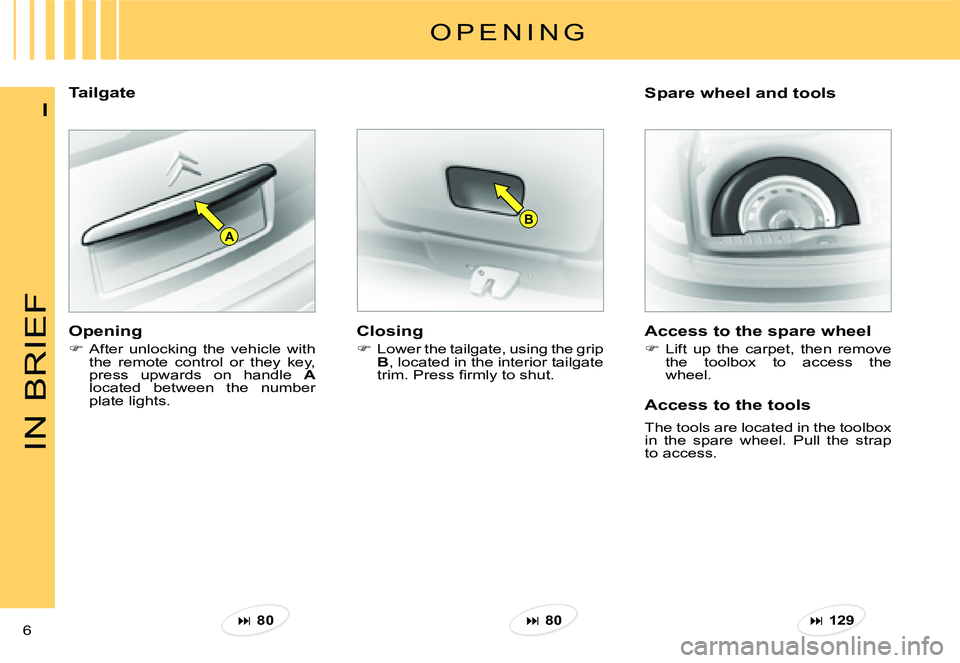 CITROEN C3 2007  Owners Manual B
A
IN BRIEF
6 
I
TailgateSpare wheel and tools 
O P E N I N G
Closing
�  Lower the tailgate, using the grip B, located in the interior tailgate �t�r�i�m�.� �P�r�e�s�s� �ﬁ� �r�m�l�y� �t�o� �s�h�u