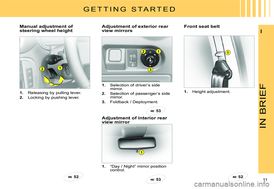 CITROEN C3 2007  Owners Manual 2
3
1
1
21
1
IN BRIEF
11 
I
1.  Releasing by pulling lever.
2.  Locking by pushing lever.
Manual adjustment of  
steering wheel heightAdjustment of exterior rear 
view mirrors
1.  Selection of driver