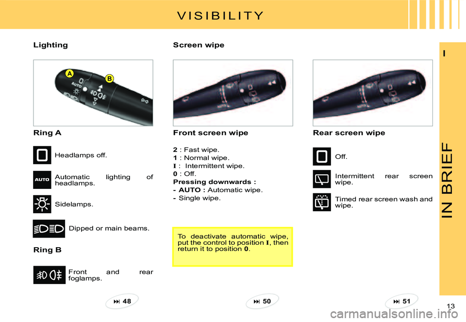 CITROEN C3 2007  Owners Manual AB
IN BRIEF
13 
I
Lighting
Ring A
Ring B
Front  and  rear foglamps.
Headlamps off.
Automatic  lighting  of headlamps.
Sidelamps.
Dipped or main beams.
Front screen wipe
Screen wipe
Rear screen wipe
2 