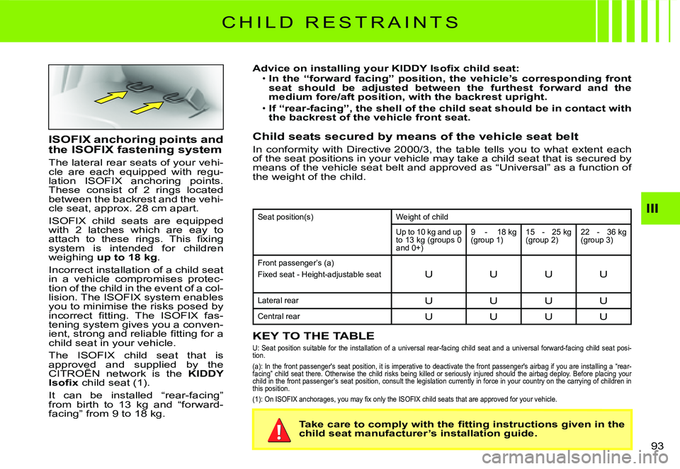 CITROEN C3 2007  Owners Manual III
�9�3� 
C H I L D   R E S T R A I N T S
ISOFIX anchoring points and the ISOFIX fastening system
The lateral rear seats of your vehi-cle  are  each  equipped  with  regu-lation  ISOFIX  anchoring  p