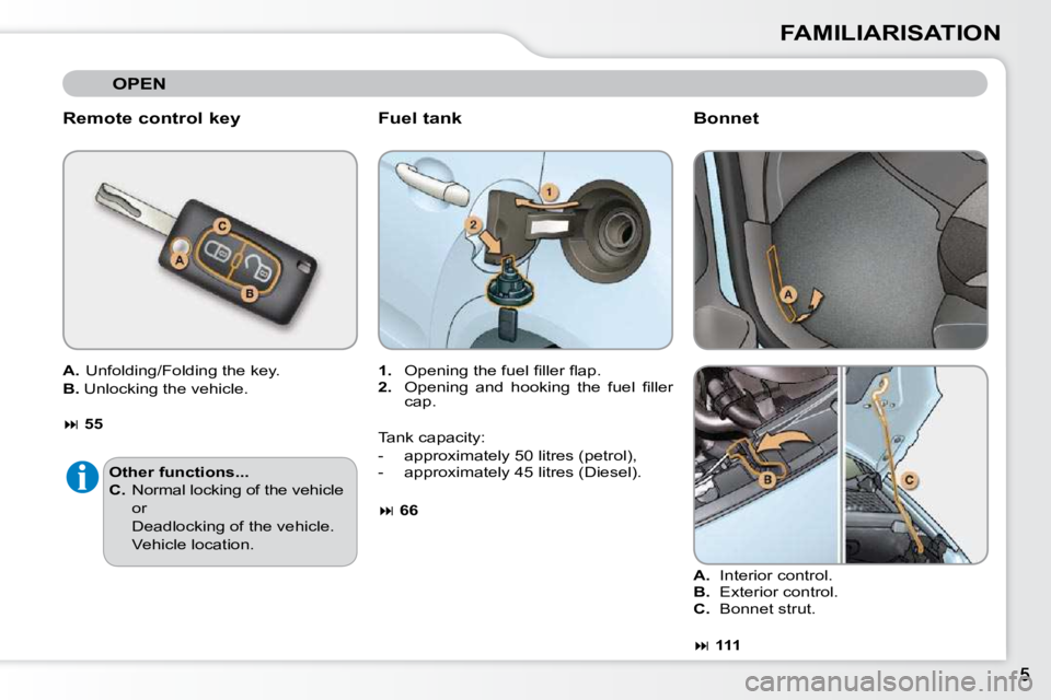 CITROEN C3 2009  Owners Manual FAMILIARISATION
  Remote control key    Fuel tank 
   
1. � �  �O�p�e�n�i�n�g� �t�h�e� �f�u�e�l� �ﬁ� �l�l�e�r� �ﬂ� �a�p�.� 
  
2. � �  �O�p�e�n�i�n�g�  �a�n�d�  �h�o�o�k�i�n�g�  �t�h�e�  �f�u�e�l�