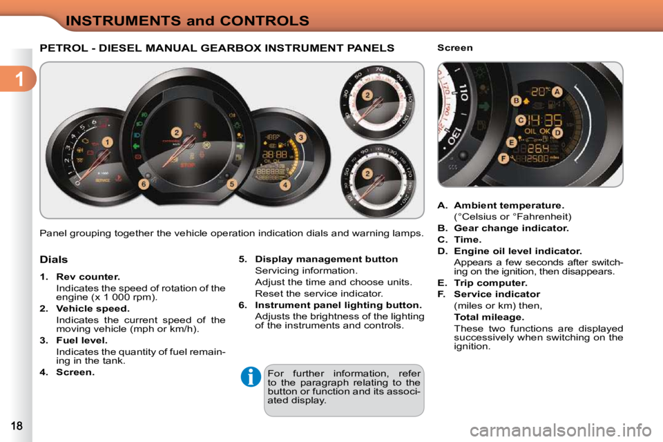 CITROEN C3 2009 User Guide 1
INSTRUMENTS and CONTROLS
Panel grouping together the vehicle operation indication dials and warning lamps.
PETROL - DIESEL MANUAL GEARBOX INSTRUMENT PANELS
5. Display management button CITROEN C3 2009 User Guide 1
INSTRUMENTS and CONTROLS
Panel grouping together the vehicle operation indication dials and warning lamps.
PETROL - DIESEL MANUAL GEARBOX INSTRUMENT PANELS
5. Display management button