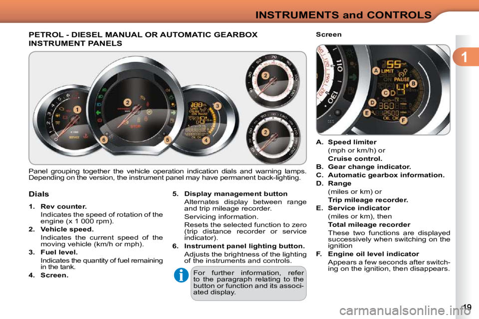 CITROEN C3 2009 User Guide 1
INSTRUMENTS and CONTROLS
PETROL - DIESEL MANUAL OR AUTOMATIC GEARBOX
INSTRUMENT PANELS
Panel grouping together the vehicle operation indication dials and warning lamps.
Depending on th CITROEN C3 2009 User Guide 1
INSTRUMENTS and CONTROLS
PETROL - DIESEL MANUAL OR AUTOMATIC GEARBOX
INSTRUMENT PANELS
Panel grouping together the vehicle operation indication dials and warning lamps.
Depending on th
