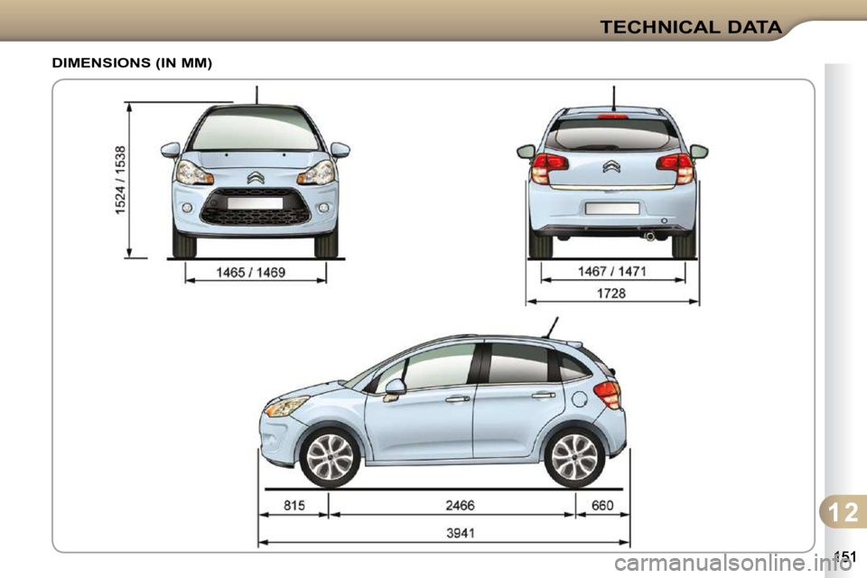 CITROEN C3 2009  Owners Manual 1 2
TECHNICAL DATA
DIMENSIONS (IN MM)    