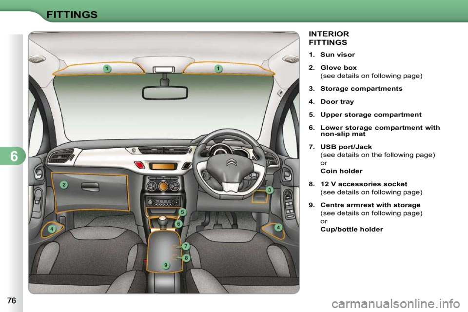CITROEN C3 2009 Manual Online 6
FITTINGS
           INTERIOR 
FITTINGS 
   
1.     Sun visor   
  
2.     Glove box     
  (see details on following page)  
  
3.     Storage compartments   
  
4.     Door tray   
  
5.     Upper 