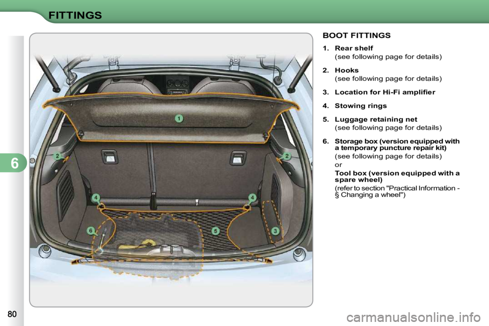 CITROEN C3 2009 Manual Online 6
FITTINGS
BOOT FITTINGS 
   
1.     Rear shelf     
  (see following page for details)  
  
2.     Hooks     
  (see following page for details) 
  
3.     �L�o�c�a�t�i�o�n� �f�o�r� �H�i�-�F�i� �a�m�