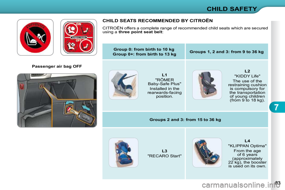 CITROEN C3 2009  Owners Manual 7
CHILD SAFETY
   Passenger air bag OFF   
 CHILD SEATS RECOMMENDED BY CITROËN 
� �C�I�T�R�O�Ë�N� �o�f�f�e�r�s� �a� �c�o�m�p�l�e�t�e� �r�a�n�g�e� �o�f� �r�e�c�o�m�m�e�n�d�e�d� �c�h�i�l�d� �s�e�a�t�s