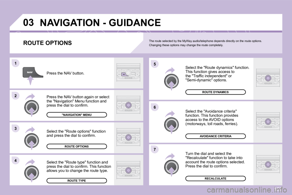 CITROEN C3 DAG 2009  Owners Manual 157
03
4
3
2
1
7
6
5
 NAVIGATION - GUIDANCE 
  ROUTE OPTIONS 
 Select the "Route dynamics" function. � �T�h�i�s� �f�u�n�c�t�i�o�n� �g�i�v�e�s� �a�c�c�e�s�s� �t�o� �t�h�e� �"�T�r�a�f�ﬁ� �c� �i�n�
