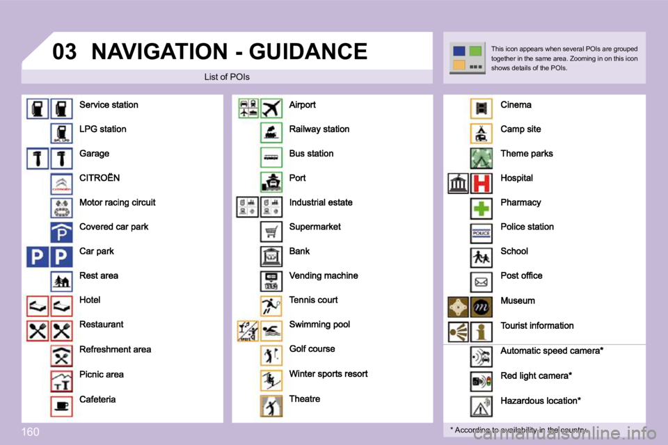 CITROEN C3 DAG 2009  Owners Manual �1�6�0
03 NAVIGATION - GUIDANCE 
  List of POIs 
� � �*� � � �A�c�c�o�r�d�i�n�g� �t�o� �a�v�a�i�l�a�b�i�l�i�t�y� �i�n� �t�h�e� �c�o�u�n�t�r�y�.� � 
� �T�h�i�s� �i�c�o�n� �a�p�p�e�a�r�s� �w�h�e�n� �s�e