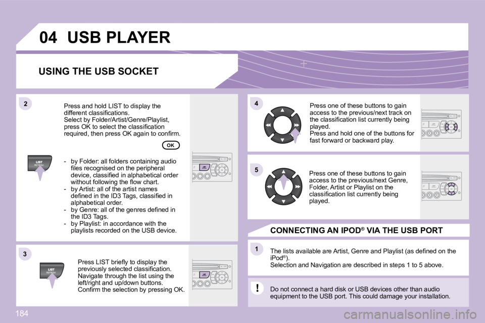 CITROEN C3 DAG 2009  Owners Manual 184
33
04
44
11
55
22
 USB PLAYER 
  USING THE USB SOCKET 
� � �P�r�e�s�s� �L�I�S�T� �b�r�i�e�ﬂ� �y� �t�o� �d�i�s�p�l�a�y� �t�h�e� �p�r�e�v�i�o�u�s�l�y� �s�e�l�e�c�t�e�d� �c�l�a�s�s�i�ﬁ� �c�a�t�i�
