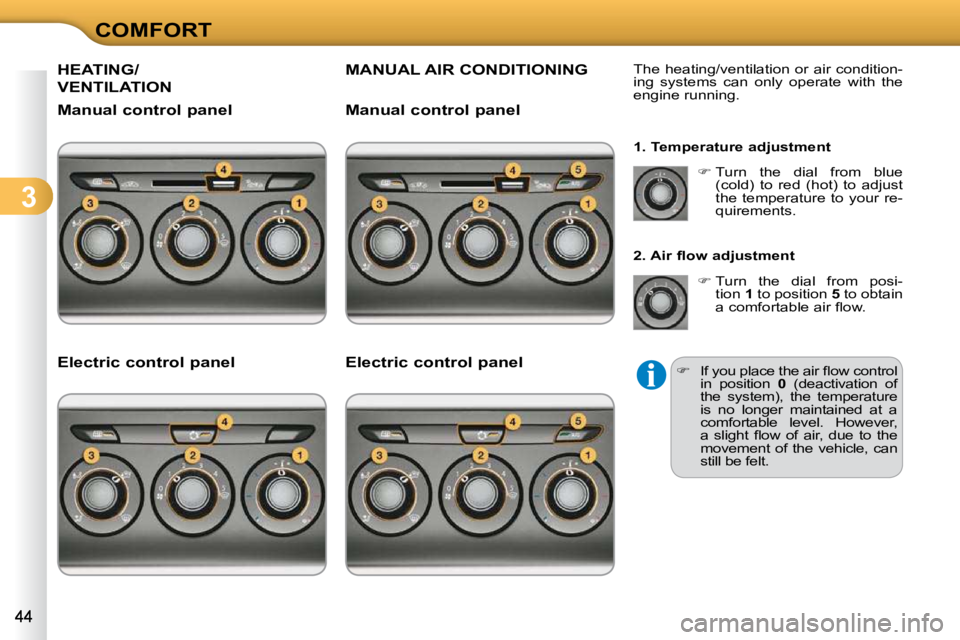 CITROEN C3 DAG 2009 Service Manual 3
COMFORT
 HEATING/
VENTILATION 
 MANUAL AIR CONDITIONING                  The heating/ventilation or air condition-
ing  systems  can  only  operate  with  the  
engine running.   
  1. Temperature a