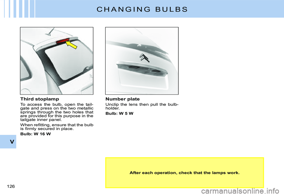 CITROEN C3 DAG 2007  Owners Manual V
�1�2�6� 
C H A N G I N G   B U L B S
Third stoplamp
To  access  the  bulb,  open  the  tail-gate and press on the two metallic springs  through  the  two  holes  that are provided for this purpose i
