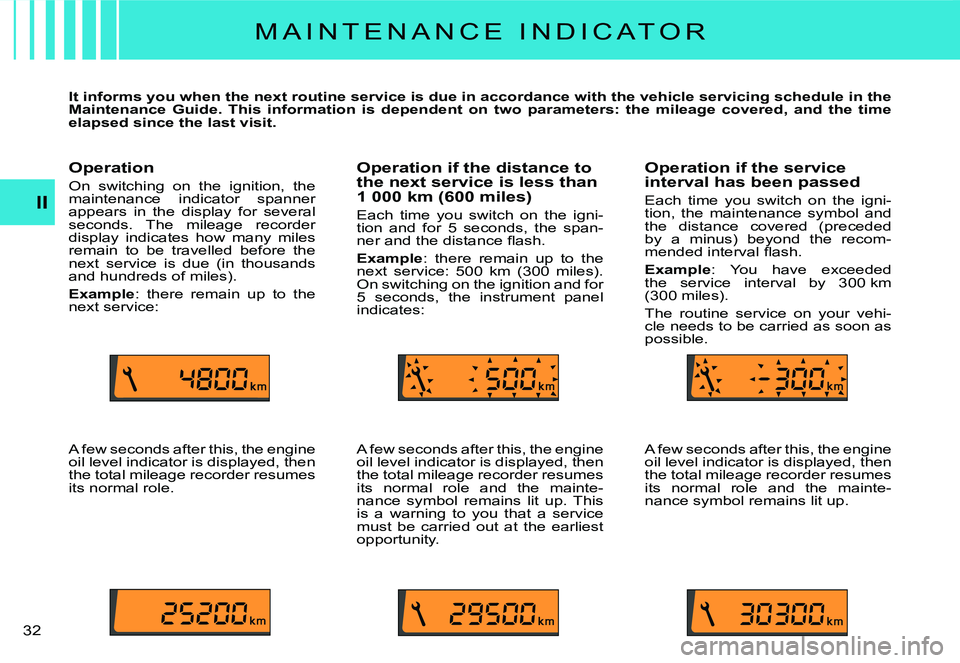CITROEN C3 DAG 2007 Owners Guide II
�3�2� 
M A I N T E N A N C E   I N D I C A T O R
It informs you when the next routine service is due in accordance with the vehicle servicing schedule in the Maintenance  Guide.  This  information 