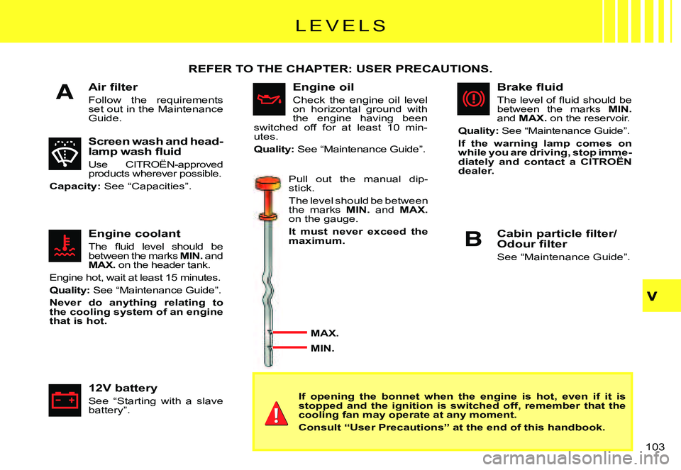 CITROEN C3 PLURIEL 2007  Owners Manual A
B
�1�0�3� 
�L �E �V �E �L �S
�A�i�r� �ﬁ� �l�t�e�r
Follow  the  requirements set out in the Maintenance Guide.
REFER TO THE CHAPTER: USER PRECAUTIONS.
Screen wash and head-�l�a�m�p� �w�a�s�h� �ﬂ�