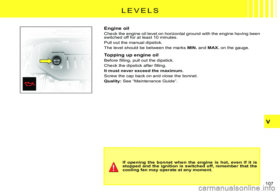 CITROEN C3 PLURIEL 2007  Owners Manual V
�1�0�7� 
�L �E �V �E �L �S
Engine oil
Check the engine oil level on horizontal ground with the engine having been �s�w�i�t�c�h�e�d� �o�f�f� �f�o�r� �a�t� �l�e�a�s�t� �1�0� �m�i�n�u�t�e�s�.
Pull out 