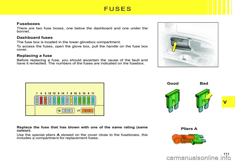 CITROEN C3 PLURIEL 2007  Owners Manual V
111 
F U S E S
Fuseboxes
There  are  two  fuse  boxes,  one  below  the  dashboard  and  one under  the bonnet.
Dashboard fuses
The fuse box is located in the lower glovebox compartment.
To  access 