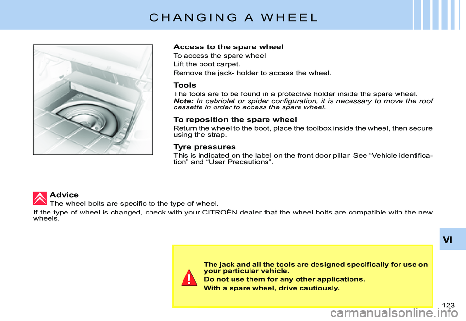 CITROEN C3 PLURIEL 2007  Owners Manual �1�2�3� 
C H A N G I N G   A   W H E E L
Access to the spare wheel
To access the spare wheel
Lift the boot carpet.
Remove the jack- holder to access the wheel.
Tools
The tools are to be found in a pro