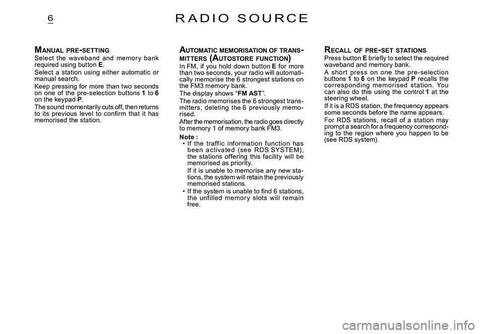 CITROEN C3 PLURIEL 2007  Owners Manual 6
MANUAL  PRE -SETTINGSelect  the  waveband  and  memor y  bank required using button E.Select  a  station  using  either  automatic  or manual search.Keep  pressing  for  more  than  two  seconds on 