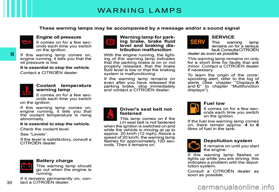 CITROEN C3 PLURIEL 2007 Owners Manual II
�3�0� 
W A R N I N G   L A M P S
These warning lamps may be accompanied by a message and/or a sound signal
Engine oil pressure
It  comes  on  for  a  few  sec-onds each time you switch on the ignit