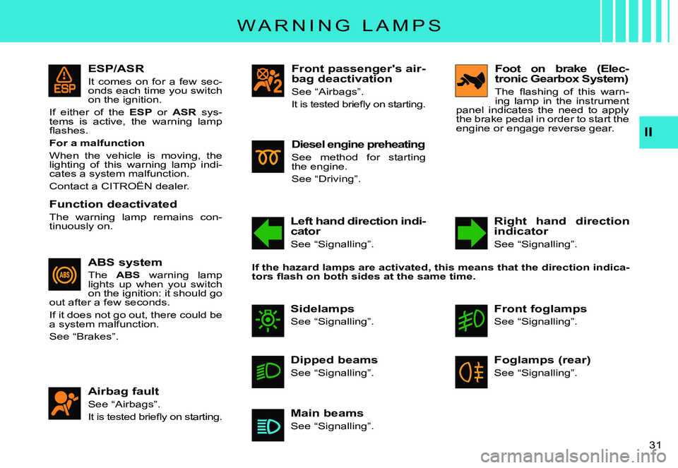 CITROEN C3 PLURIEL 2007 Owners Manual II
�3�1� 
ESP/ASR
It  comes  on  for  a  few  sec-onds each time you switch on the ignition.
If  either  of  the ESP  or ASR  sys-tems  is  active,  the  warning  lamp �ﬂ� �a�s�h�e�s�.
For a malfunc