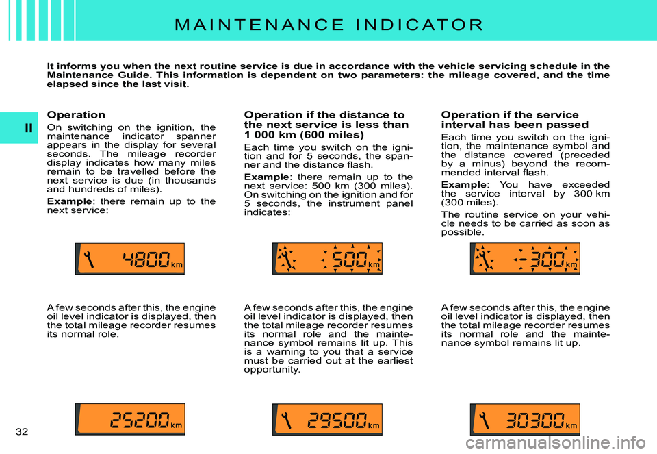 CITROEN C3 PLURIEL 2007  Owners Manual II
�3�2� 
M A I N T E N A N C E   I N D I C A T O R
It informs you when the next routine service is due in accordance with the vehicle servicing schedule in the Maintenance  Guide.  This  information 