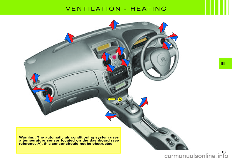 CITROEN C3 PLURIEL 2007 Repair Manual A
�6�7� 
Warning: The automatic air conditioning system uses a  temperature  sensor  located  on  the  dashboard  (see reference A), this sensor should not be obstructed.
�V �E �N �T �I �L �A �T �I �O