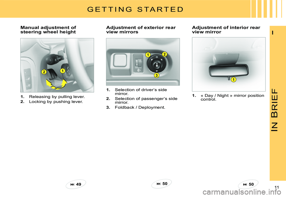 CITROEN C3 PLURIEL 2007  Owners Manual 1
3
2
21
1
IN
 B
RIEF
11 
I
1.  Releasing by pulling lever.
2.  Locking by pushing lever.
�M�a�n�u�a�l� �a�d�j�u�s�t�m�e�n�t� �o�f�  
steering wheel height�A�d�j�u�s�t�m�e�n�t� �o�f� �e�x�t�e�r�i�o�r�