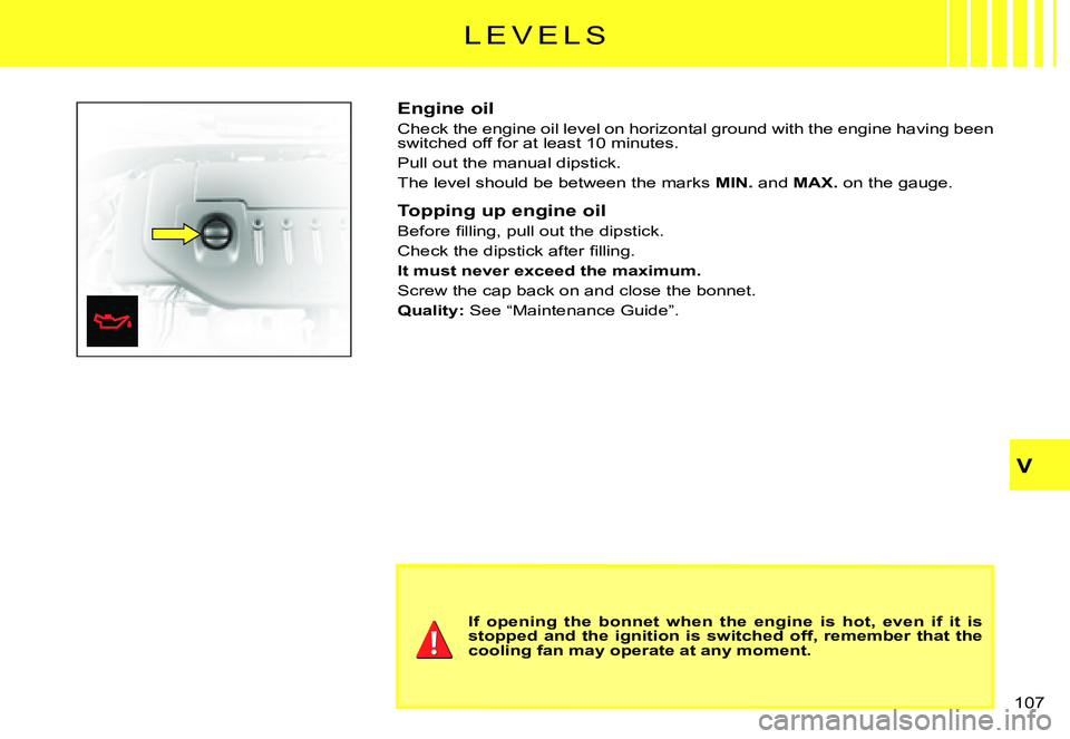 CITROEN C3 PLURIEL DAG 2007  Owners Manual V
�1�0�7� 
�L �E �V �E �L �S
Engine oil
Check the engine oil level on horizontal ground with the engine having been �s�w�i�t�c�h�e�d� �o�f�f� �f�o�r� �a�t� �l�e�a�s�t� �1�0� �m�i�n�u�t�e�s�.
Pull out 
