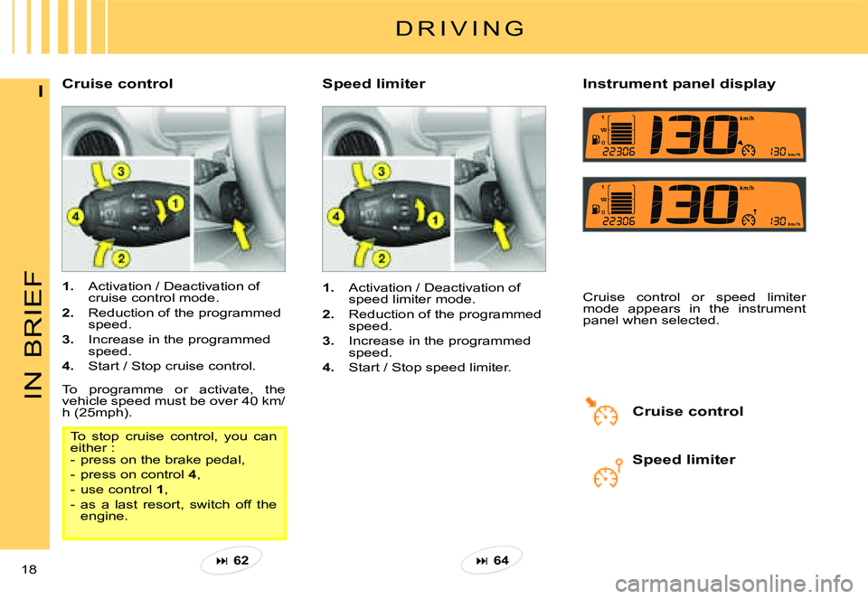 CITROEN C3 PLURIEL DAG 2007  Owners Manual IN
BRIEF
18 
I
D R I V I N G
�C�r�u�i�s�e� �c�o�n�t�r�o�l� Speed limiter�I�n�s�t�r�u�m�e�n�t� �p�a�n�e�l� �d�i�s�p�l�a�y� 
1.  Activation / Deactivation of cruise control mode.
2.  Reduction of the pr