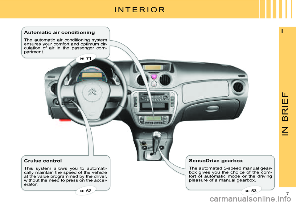 CITROEN C3 PLURIEL DAG 2007  Owners Manual IN
BRIEF
7 
I�A�u�t�o�m�a�t�i�c� �a�i�r� �c�o�n�d�i�t�i�o�n�i�n�g� 
The  automatic  air  conditioning  system ensures your comfort and optimum cir-culation  of  air  in  the  passenger  com-partment.
