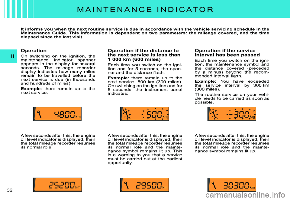 CITROEN C3 PLURIEL DAG 2007 Owners Guide II
�3�2� 
M A I N T E N A N C E   I N D I C A T O R
It informs you when the next routine service is due in accordance with the vehicle servicing schedule in the Maintenance  Guide.  This  information 