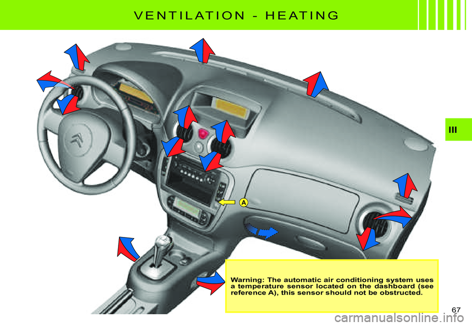 CITROEN C3 PLURIEL DAG 2007 Repair Manual A
III
�6�7� 
Warning: The automatic air conditioning system uses a  temperature  sensor  located  on  the  dashboard  (see reference A), this sensor should not be obstructed.
�V �E �N �T �I �L �A �T �