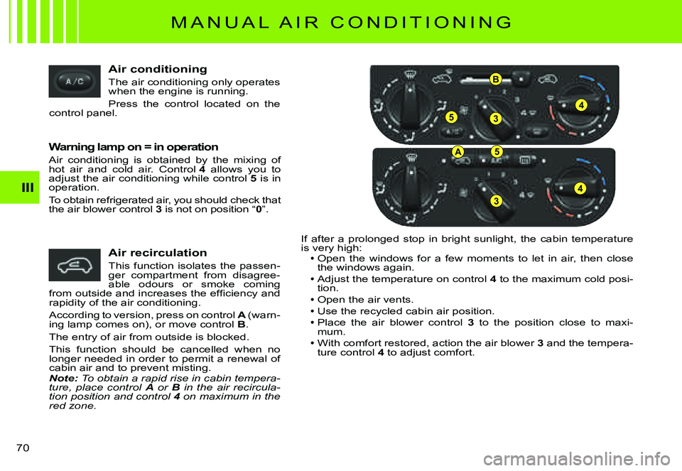 CITROEN C3 PLURIEL DAG 2007 Repair Manual 53
4
B
A5
3
4III
�7�0� 
Air conditioning
The air conditioning only operates when the engine is running.
Press  the  control  located  on  the control panel.
Warning lamp on = in operation
Air  conditi