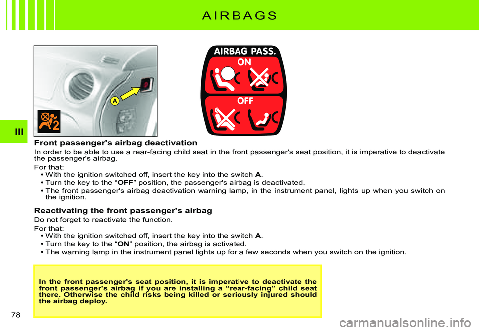 CITROEN C3 PLURIEL DAG 2007 Manual PDF A
III
�7�8� 
A I R B A G S
In  the  front  passenger's  seat  position,  it  is  imperative  to  deactivate  the front  passenger's  airbag  if  you  are  installing  a  “r ear-facing”  ch