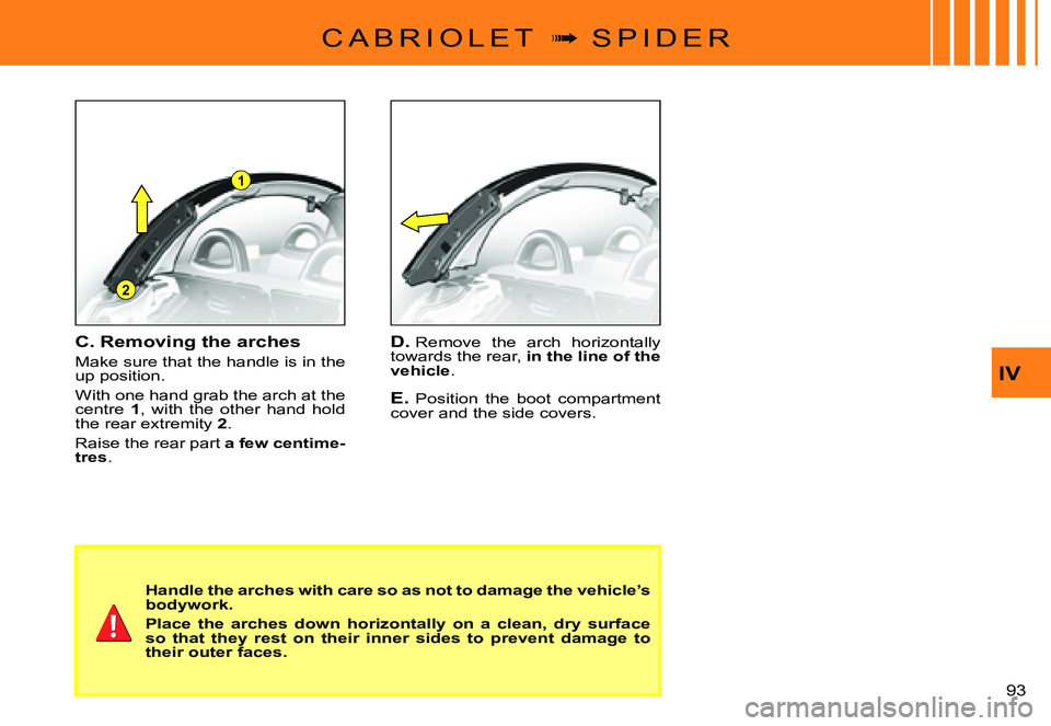 CITROEN C3 PLURIEL DAG 2007  Owners Manual 1
2
IV
�9�3� 
C A B R I O L E T  �  S P I D E R
D. Remove  the  arch  horizontally towards the rear, in the line of the vehicle.
E. Position  the  boot  compartment cover and the side covers.
C. Re
