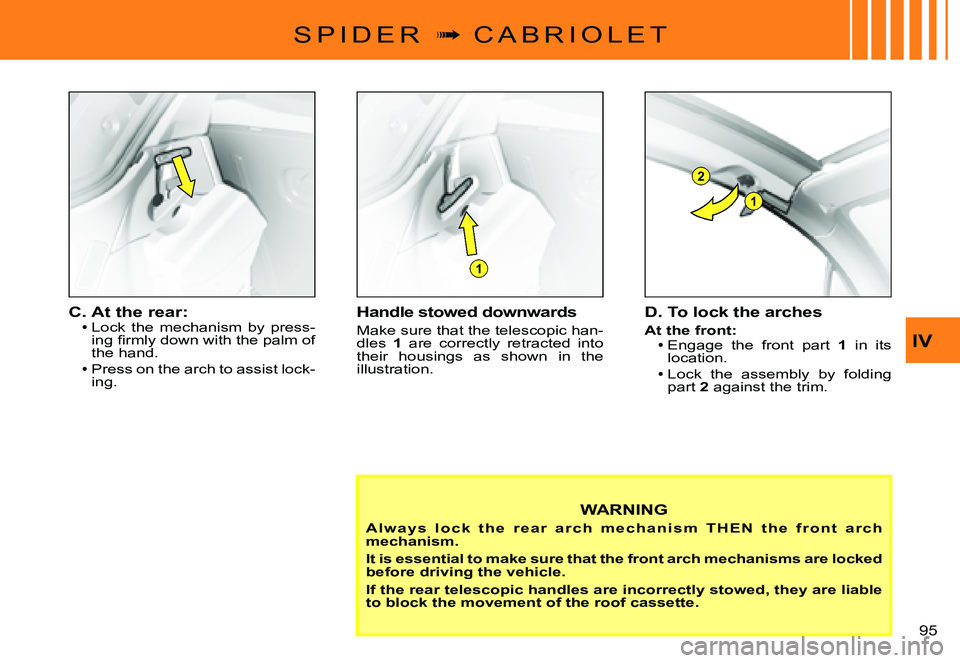CITROEN C3 PLURIEL DAG 2007  Owners Manual 1
2
1
IV
�9�5� 
S P I D E R  �  C A B R I O L E T
Handle stowed downwards
Make sure that the telescopic han-dles 1  are  correctly  retracted  into their  housings  as  shown  in  the illustration.