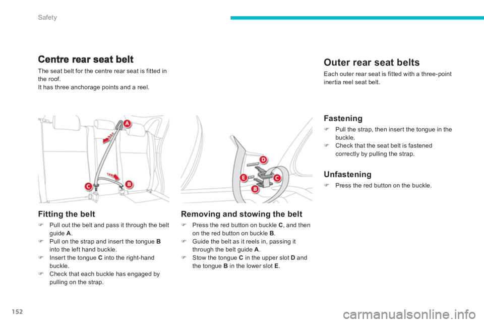 CITROEN C4 AIRCROSS 2011  Owners Manual 152
Safety
The seat belt for the centre rear seat is fitted in 
the roof. 
It has three anchora
ge points and a reel.
Fitting the belt 
�)Pull out the belt and pass it through the beltguide A . �)Pull