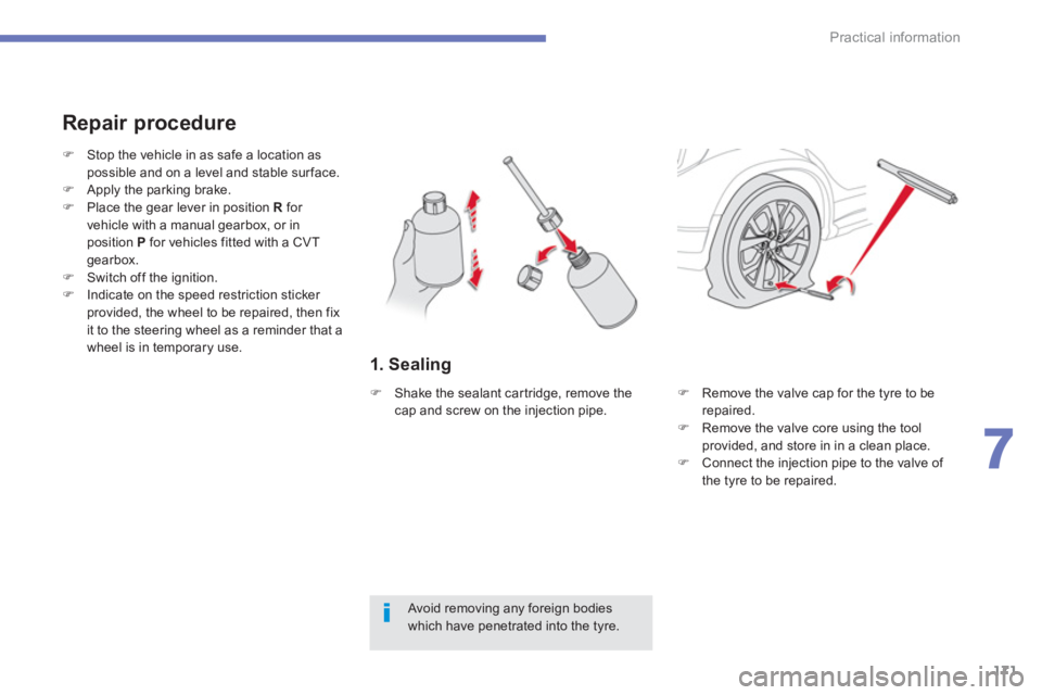 CITROEN C4 AIRCROSS 2011  Owners Manual 171
7
Practical information
1. Sealing 
   
Repair procedure 
 
 
Avoid removing any foreign bodies which have penetrated into the tyre.  
�)Stop the vehicle in as safe a location as 
possible and on 