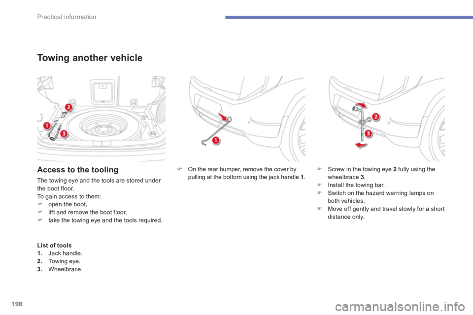 CITROEN C4 AIRCROSS 2011  Owners Manual 198
Practical information
�)   On the rear bumper, remove the cover by 
pulling at the bottom using the jack handle 1  . �)Screw in the towing eye 2fully using the 
wheelbrace 3.�)Install the towing b
