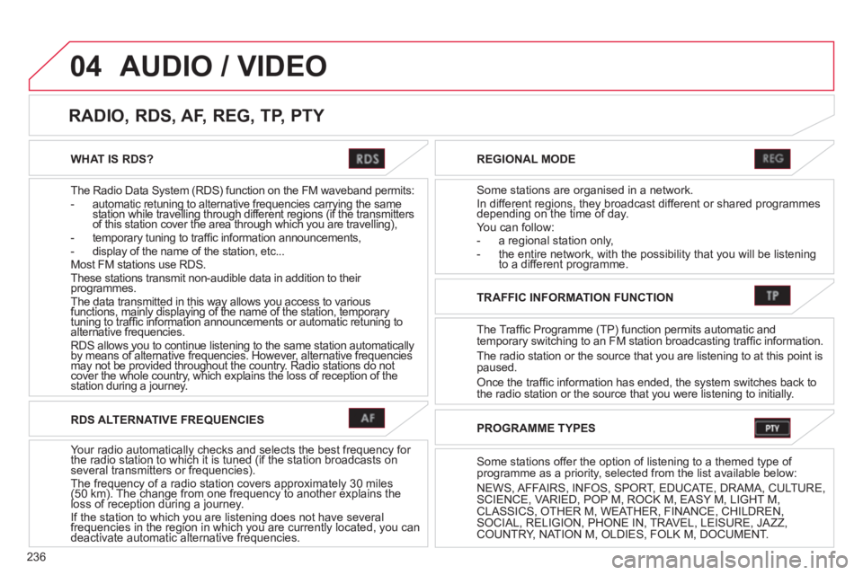 CITROEN C4 AIRCROSS 2011  Owners Manual 236
04
WHAT IS RDS?  
The Radio Data 
System (RDS) function on the FM waveband permits: -   automatic retuning to alternative frequencies carrying the samestation while travelling through different re