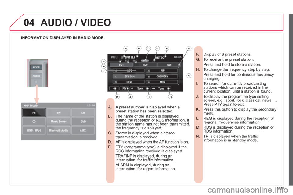 CITROEN C4 AIRCROSS 2011  Owners Manual 237
04AUDIO / VIDEO
INFORMATION DISPLAYED IN RADIO MODE
A preset number is displayed when a    
 
 
A.  preset station has been selected. 
The name of the station is displayed    
B.  during the recep