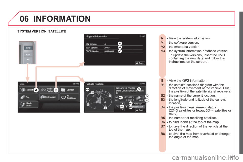 CITROEN C4 AIRCROSS 2011  Owners Manual 261
06INFORMATION 
SYSTEM VERSION, SATELLITE
- View the system information:    
A  
- the software version,   A1 
- the map data version,   A2 
- the system information database version.  A3 
  To upd