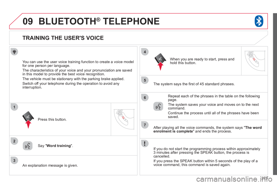 CITROEN C4 AIRCROSS 2011 Owners Manual 273
09
2
3
1
4
5
6
7
BLUETOOTH® TELEPHONE®
TRAINING THE USERS VOICE
You can use the user voice training function to create a voice model
for one person per languag CITROEN C4 AIRCROSS 2011 Owners Manual 273
09
2
3
1
4
5
6
7
BLUETOOTH® TELEPHONE®
TRAINING THE USERS VOICE
You can use the user voice training function to create a voice model
for one person per languag