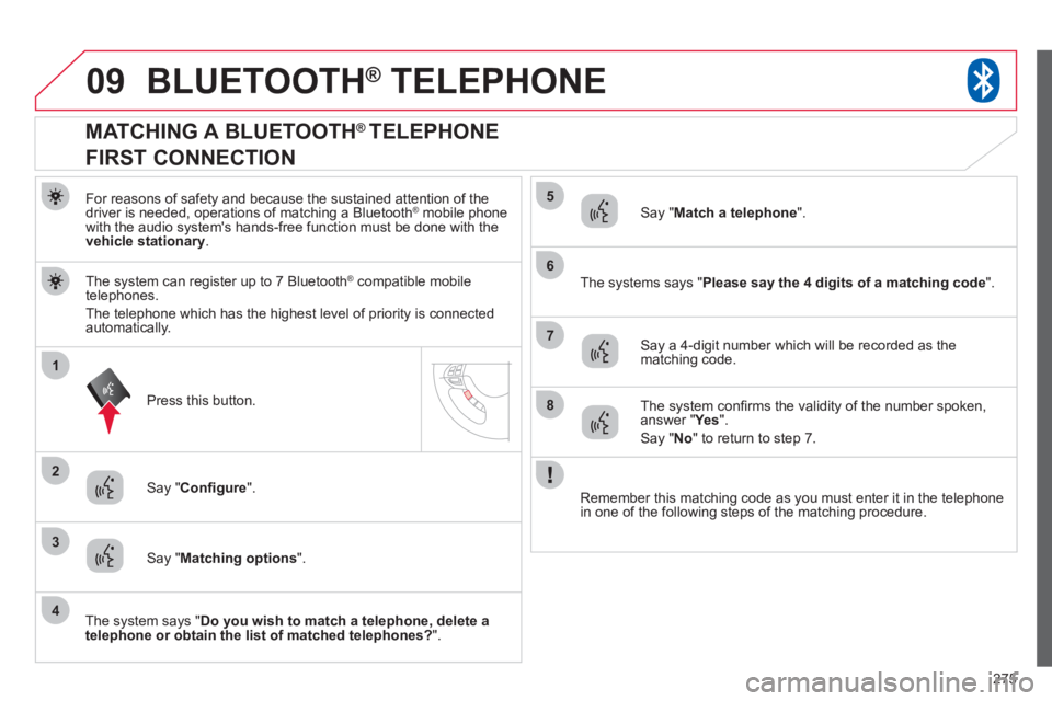 CITROEN C4 AIRCROSS 2011 Owners Manual 275
09
1
3
6
8
2
5
7
4
BLUETOOTH® TELEPHONE®
For reasons of safety and because the sustained attention of the
driver is needed, operations of matching a Bluetooth ®mobile phone
with the audio s CITROEN C4 AIRCROSS 2011 Owners Manual 275
09
1
3
6
8
2
5
7
4
BLUETOOTH® TELEPHONE®
For reasons of safety and because the sustained attention of the
driver is needed, operations of matching a Bluetooth ®mobile phone
with the audio s