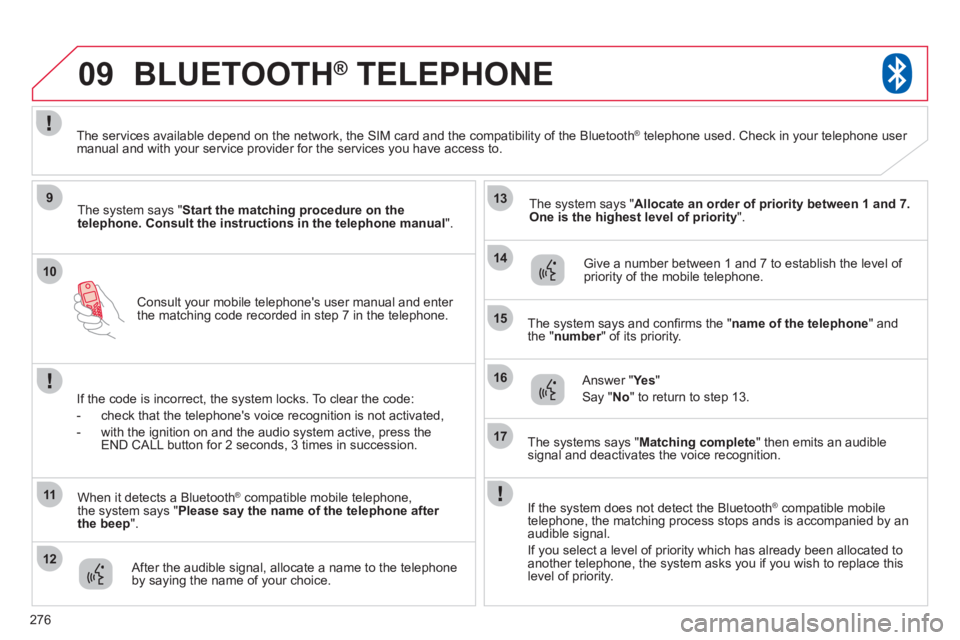 CITROEN C4 AIRCROSS 2011 Owners Manual 276
10
09
9
11
12
13
14
15
16
17
Consult your mobile telephones user manual and enter
the matching code recorded in step 7 in the telephone.
BLUETOOTH® TELEPHONE®
The system says " Start the ma CITROEN C4 AIRCROSS 2011 Owners Manual 276
10
09
9
11
12
13
14
15
16
17
Consult your mobile telephones user manual and enter
the matching code recorded in step 7 in the telephone.
BLUETOOTH® TELEPHONE®
The system says " Start the ma