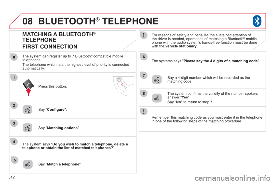 CITROEN C4 AIRCROSS 2011 Owners Manual 312
08
2
4
1
6
8
3
5
7
BLUETOOTH® TELEPHONE®
The system can register up to 7 Bluetooth ®compatible mobile
telephones.
The telephone which has the hi
ghest level of priority is connectedautomatic CITROEN C4 AIRCROSS 2011 Owners Manual 312
08
2
4
1
6
8
3
5
7
BLUETOOTH® TELEPHONE®
The system can register up to 7 Bluetooth ®compatible mobile
telephones.
The telephone which has the hi
ghest level of priority is connectedautomatic