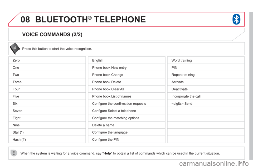 CITROEN C4 AIRCROSS 2011 Owners Manual 319
08BLUETOOTH® TELEPHONE®
VOICE COMMANDS (2/2)
Press this button to start the voice recognition.
When the system is waiting
for a voice command, say "Help" to obtain a list of commands CITROEN C4 AIRCROSS 2011 Owners Manual 319
08BLUETOOTH® TELEPHONE®
VOICE COMMANDS (2/2)
Press this button to start the voice recognition.
When the system is waiting
for a voice command, say "Help" to obtain a list of commands