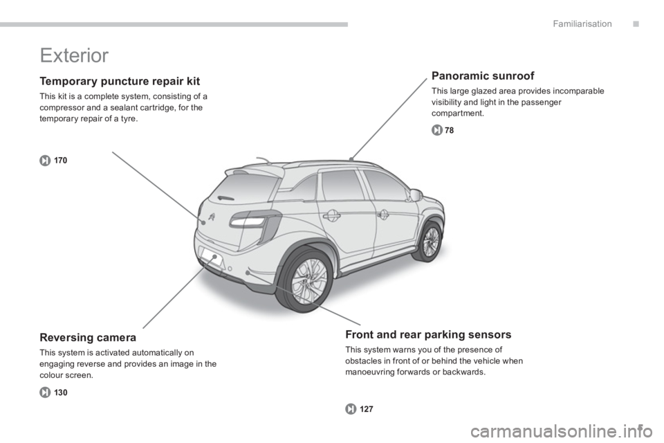 CITROEN C4 AIRCROSS 2011  Owners Manual .
5
Familiarisation
   
Te m p o r a ry puncture repair kit
 
This kit is a complete system, consisting of acompressor and a sealant car tridge, for the 
temporary repair of a tyre.
170
   
Panoramic 